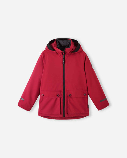 The primary product photograph of the Reima Syddi 3-in-1 kids jacket in cranberry red, displaying a full front view of the waterproof outer shell with large flap pockets and an attached hood.