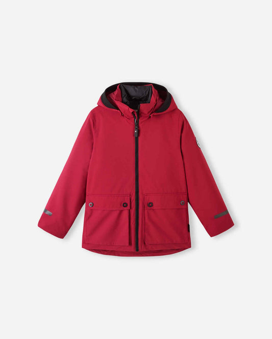 The primary product photograph of the Reima Syddi 3-in-1 kids jacket in cranberry red, displaying a full front view of the waterproof outer shell with large flap pockets and an attached hood.