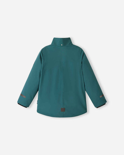 Back view of the Reima Syddi kids' dark teal jacket with the detachable hood removed, displaying the protective high collar.