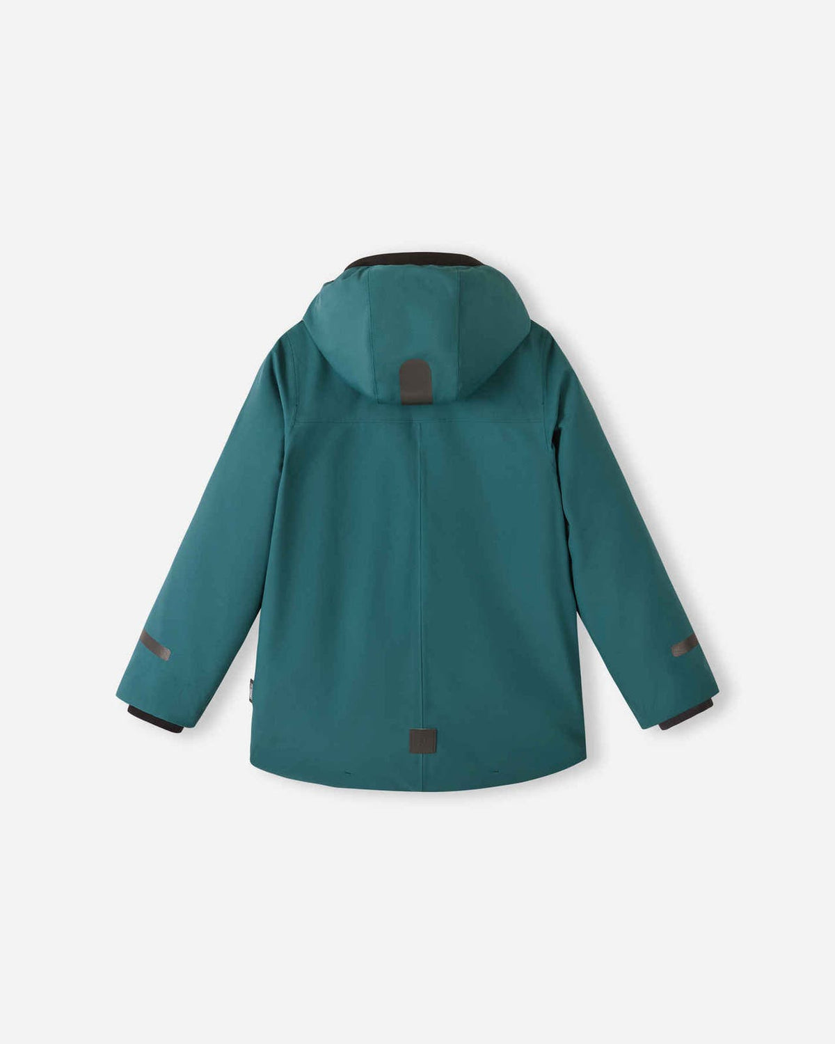 Back view of the dark teal Reima Syddi kids' 3-in-1 jacket showing the attached hood and lower back reflective safety patch.