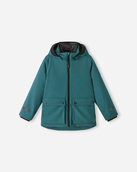 Front view of the Reima Syddi kids' 3-in-1 jacket in dark teal, featuring a waterproof outer shell, full front zip, and attachable hood.