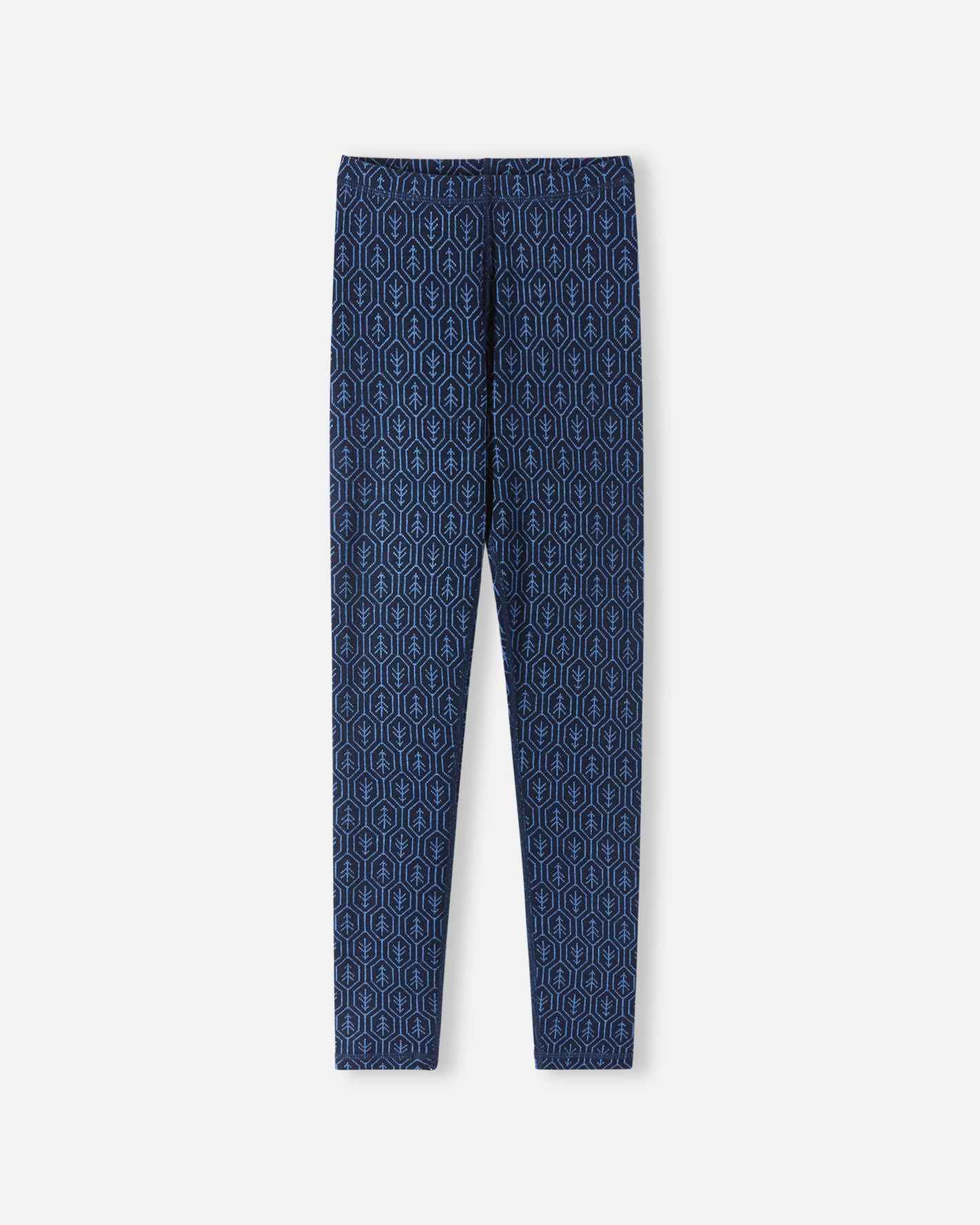 Flat lay view of the merino wool thermal leggings from the Reima Taival navy kids' base layer set, featuring a comfortable elastic waistband and a continuous geometric tree motif.