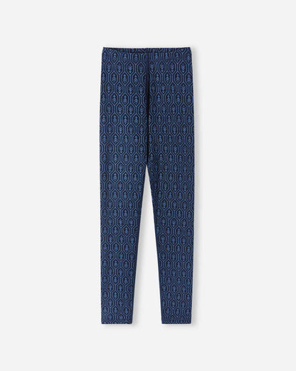 Flat lay view of the merino wool thermal leggings from the Reima Taival navy kids' base layer set, featuring a comfortable elastic waistband and a continuous geometric tree motif.