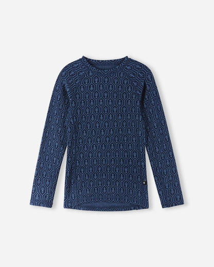 Flat lay view of the long-sleeve merino wool thermal top from the Reima Taival navy base layer set, highlighting the cozy crew neckline, raglan sleeves for easy movement, and a subtle forest-inspired geometric knit print.