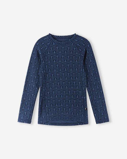 Flat lay view of the long-sleeve merino wool thermal top from the Reima Taival navy base layer set, highlighting the cozy crew neckline, raglan sleeves for easy movement, and a subtle forest-inspired geometric knit print.