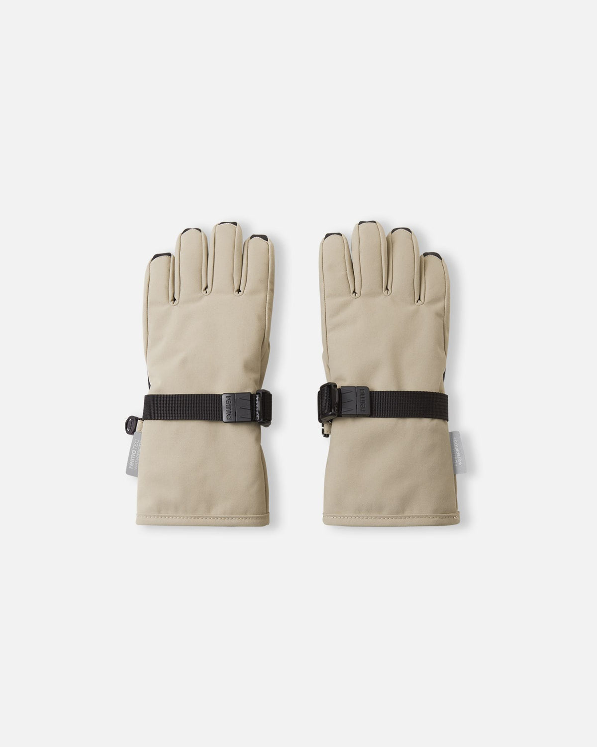 Flat lay view of the backs of the earthy beige Reima Tartu kids' winter gloves, featuring an adjustable wrist strap for a snug, flexible fit and a classic design perfect for everyday winter wear.