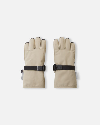 Flat lay view of the backs of the earthy beige Reima Tartu kids' winter gloves, featuring an adjustable wrist strap for a snug, flexible fit and a classic design perfect for everyday winter wear.