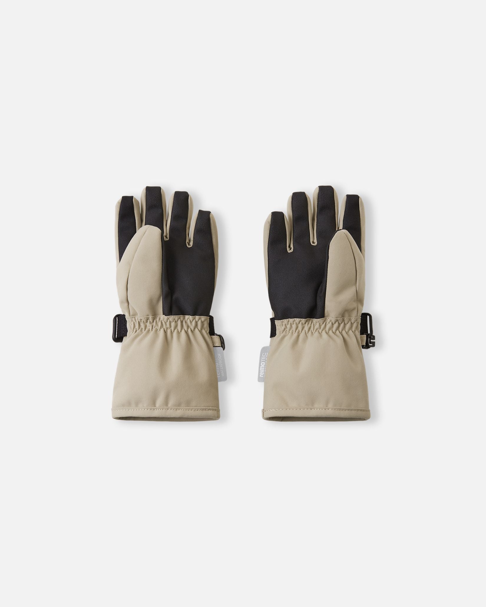 Flat lay view of the palms of the earthy beige Reima Tartu kids' winter gloves, highlighting the heavy-duty black reinforced material on the palms and fingertips designed for maximum durability and grip.