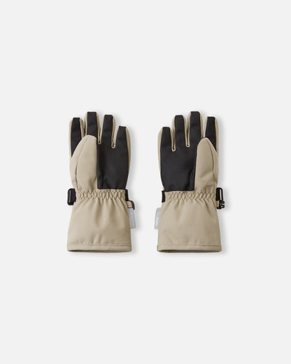 Flat lay view of the palms of the earthy beige Reima Tartu kids' winter gloves, highlighting the heavy-duty black reinforced material on the palms and fingertips designed for maximum durability and grip.