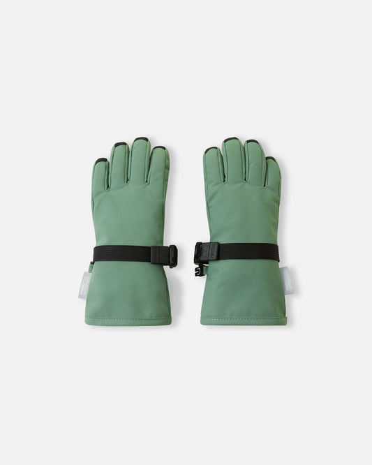 Flat lay view of the backs of the green clay Reima Tartu kids' winter gloves. The image highlights the durable waterproof fabric and adjustable wrist straps designed for a secure fit during snow play.