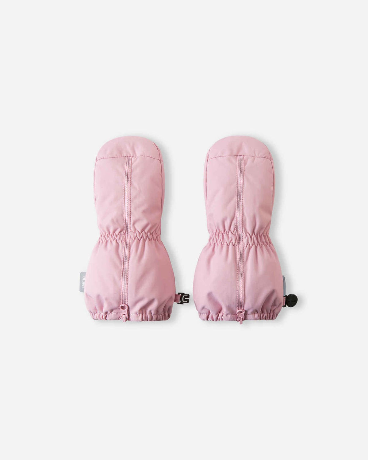 Front view of the Reima Tassuin toddler winter mittens in grey pink on a plain light background, featuring a long center zipper for easy dressing and elastic gathered cuffs.