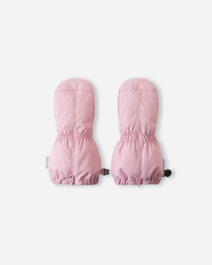 Front view of the Reima Tassuin toddler winter mittens in grey pink on a plain light background, featuring a long center zipper for easy dressing and elastic gathered cuffs.