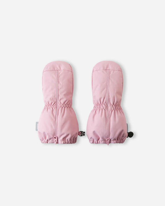 Front view of the Reima Tassuin toddler winter mittens in grey pink on a plain light background, featuring a long center zipper for easy dressing and elastic gathered cuffs.