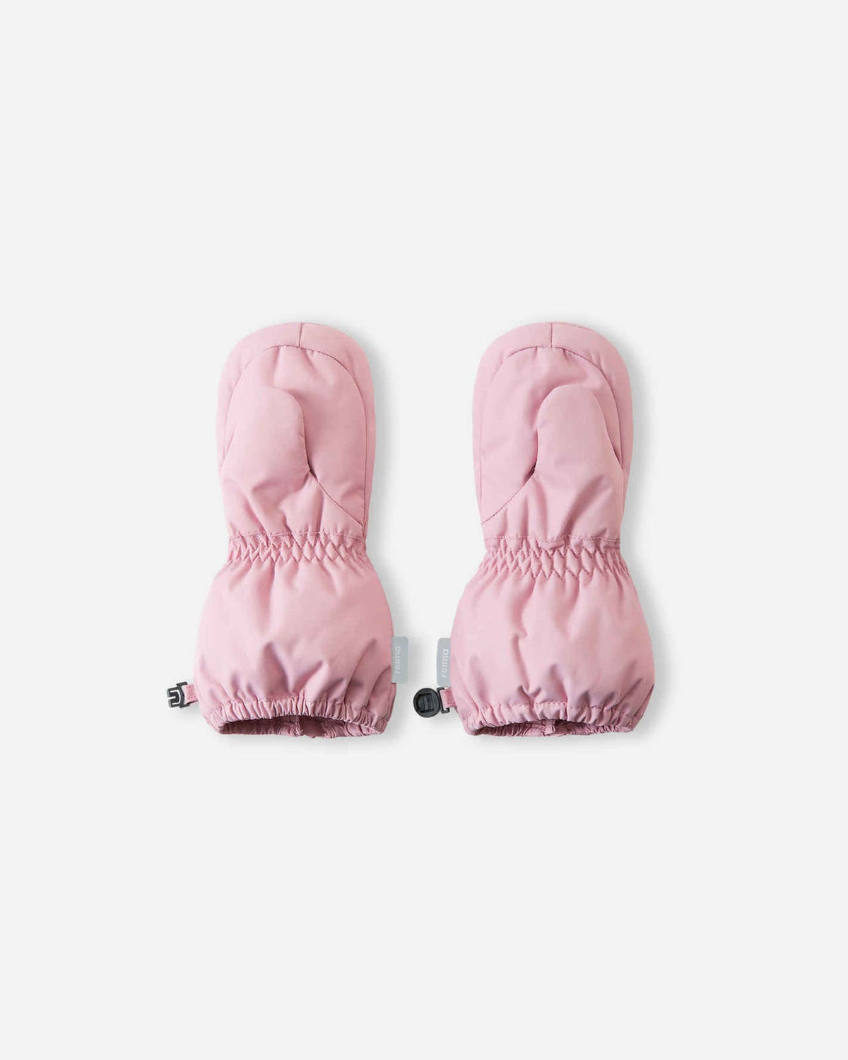 Back and palm view of the grey pink Reima Tassuin toddler winter mittens, showcasing the durable woven fabric, gathered elastic wrists for a secure fit, and side attachment clips.