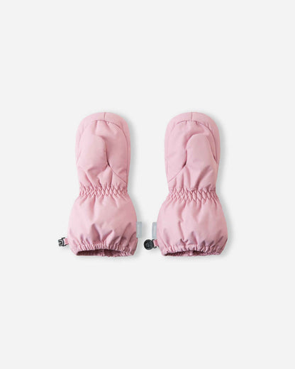 Back and palm view of the grey pink Reima Tassuin toddler winter mittens, showcasing the durable woven fabric, gathered elastic wrists for a secure fit, and side attachment clips.