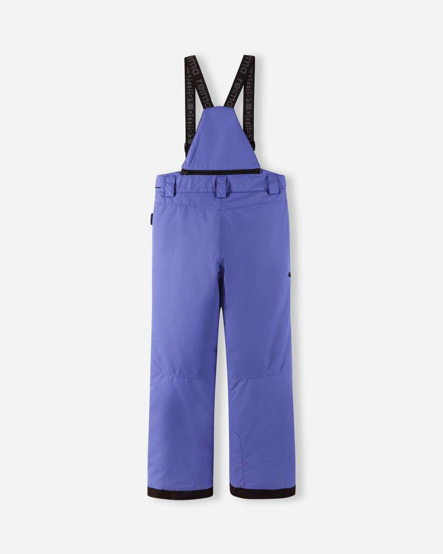 Back flat lay view of the breezy violet Reima Terrie kids' ski pants, showcasing the high-back coverage, elastic waistband, and heavy-duty reinforced lower legs built for rugged winter sports.