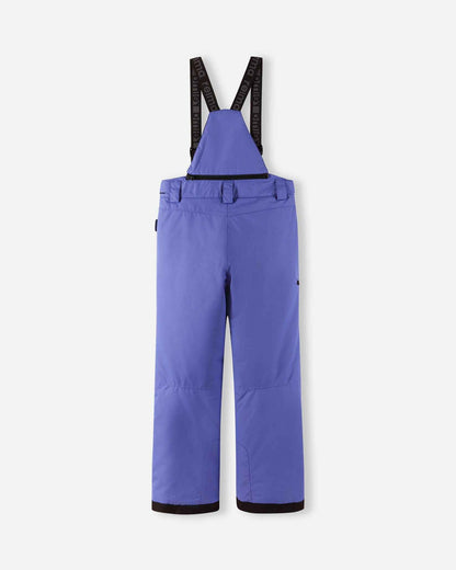 Back flat lay view of the breezy violet Reima Terrie kids' ski pants, showcasing the high-back coverage, elastic waistband, and heavy-duty reinforced lower legs built for rugged winter sports.