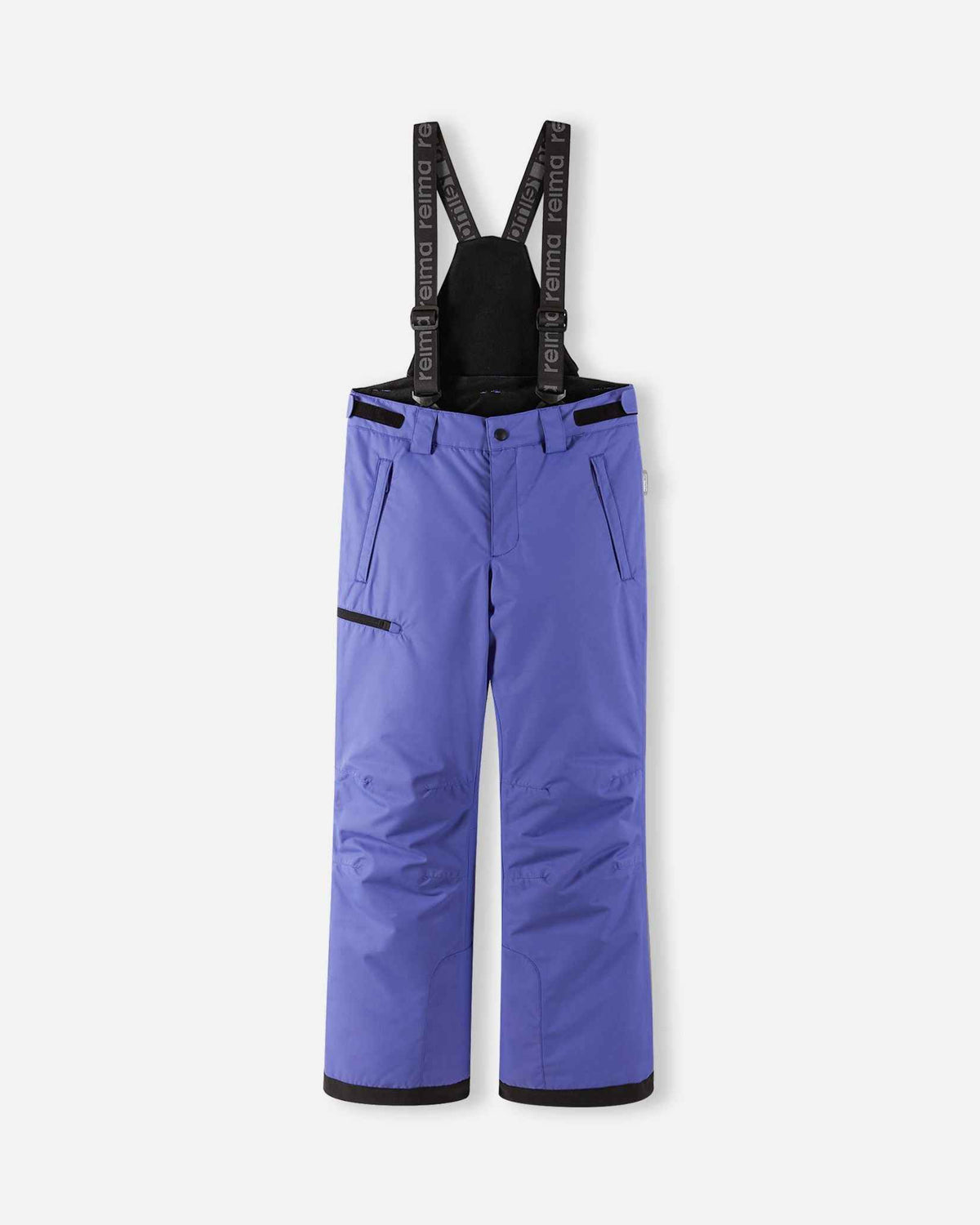 Front flat lay view of the breezy violet purple Reima Terrie kids' winter snow ski pants, featuring adjustable Reima-branded suspenders, a zippered thigh pocket, and durable waterproof construction designed for alpine skiing and snowboarding.