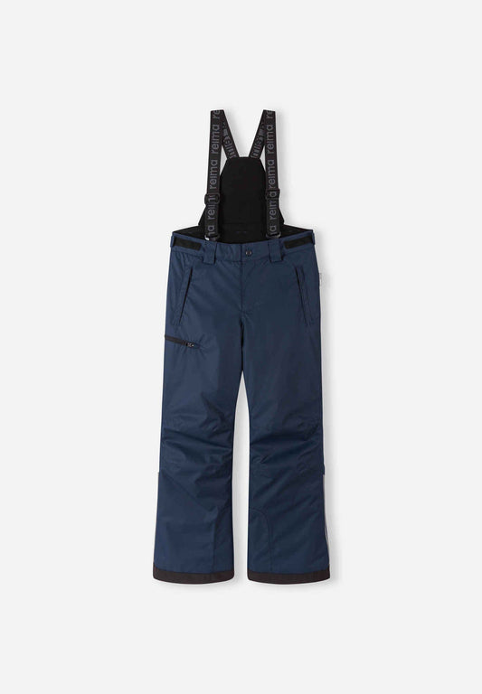 Front flat lay view of the classic navy blue Reima Terrie kids' winter snow ski pants, featuring adjustable Reima-branded black suspenders, a zippered thigh pocket, and durable waterproof construction designed for alpine skiing and snowboarding.