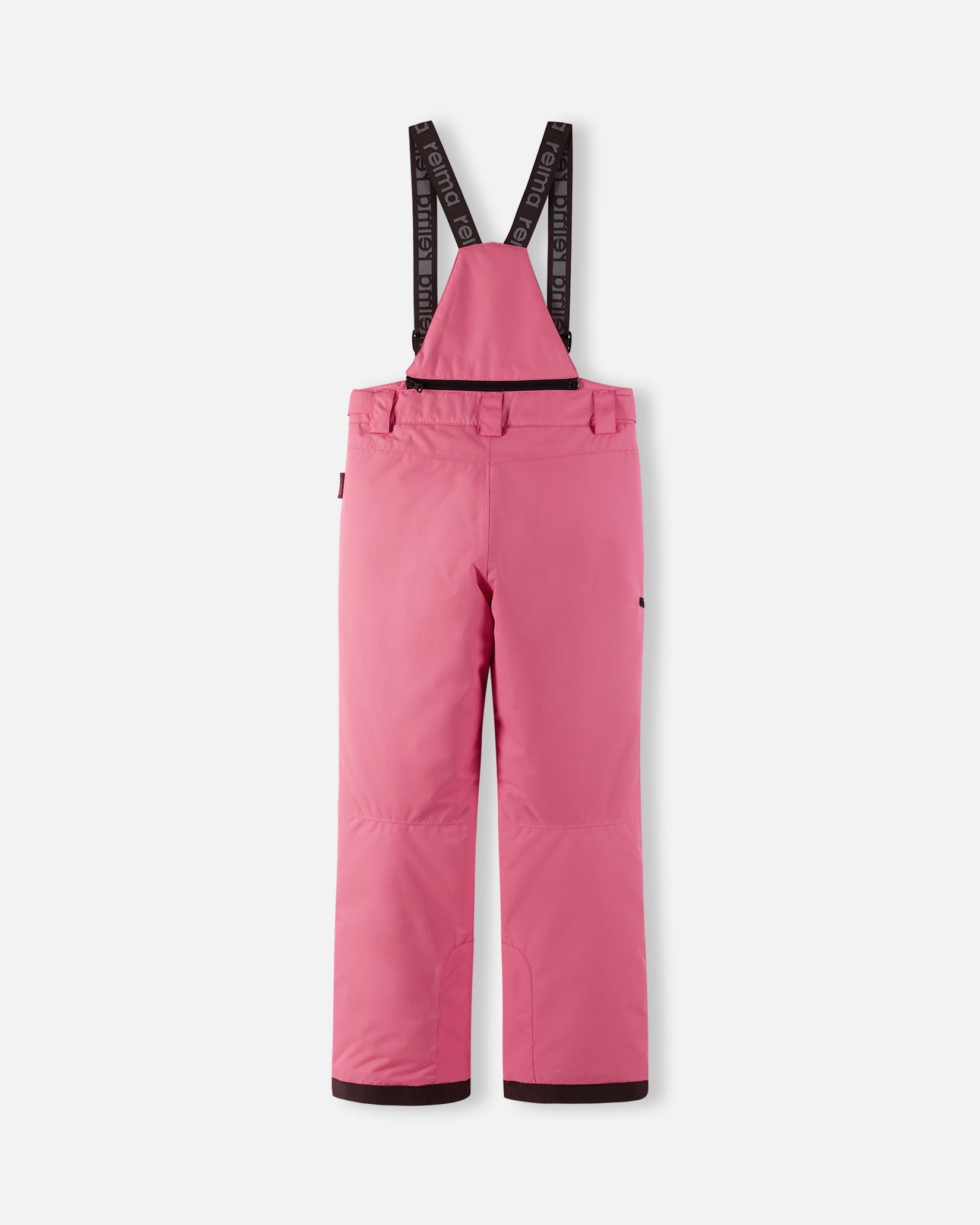 Back flat lay view of the soft coral Reima Terrie kids' ski pants, showcasing the high-back coverage, elastic waistband, and heavy-duty reinforced lower legs built for rugged winter sports.