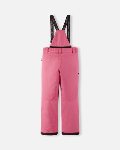 Back flat lay view of the soft coral Reima Terrie kids' ski pants, showcasing the high-back coverage, elastic waistband, and heavy-duty reinforced lower legs built for rugged winter sports.