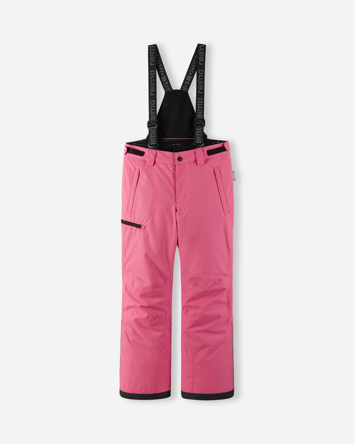 Front flat lay view of the soft coral pink Reima Terrie kids' winter snow ski pants, featuring adjustable Reima-branded suspenders, a zippered thigh pocket, and durable waterproof construction designed for alpine skiing and snowboarding.