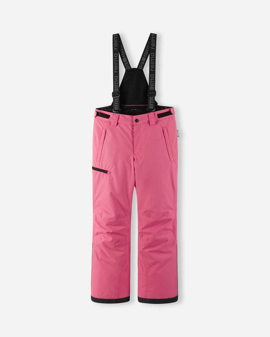 Front flat lay view of the soft coral pink Reima Terrie kids' winter snow ski pants, featuring adjustable Reima-branded suspenders, a zippered thigh pocket, and durable waterproof construction designed for alpine skiing and snowboarding.