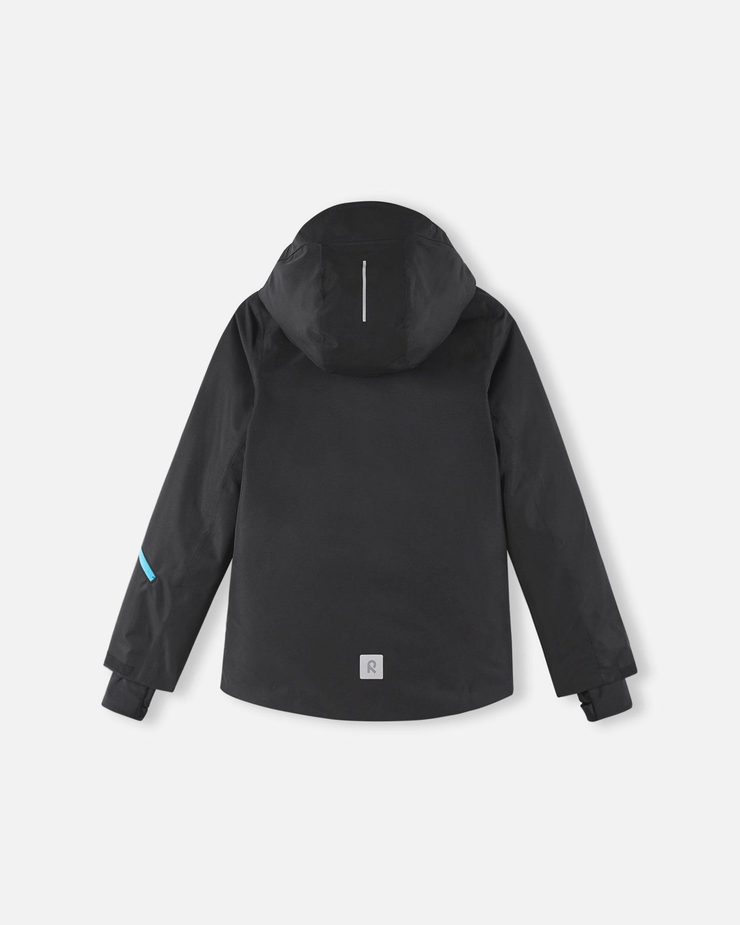A straight-on view from the back highlights the relaxed fit of this black children's snow jacket.