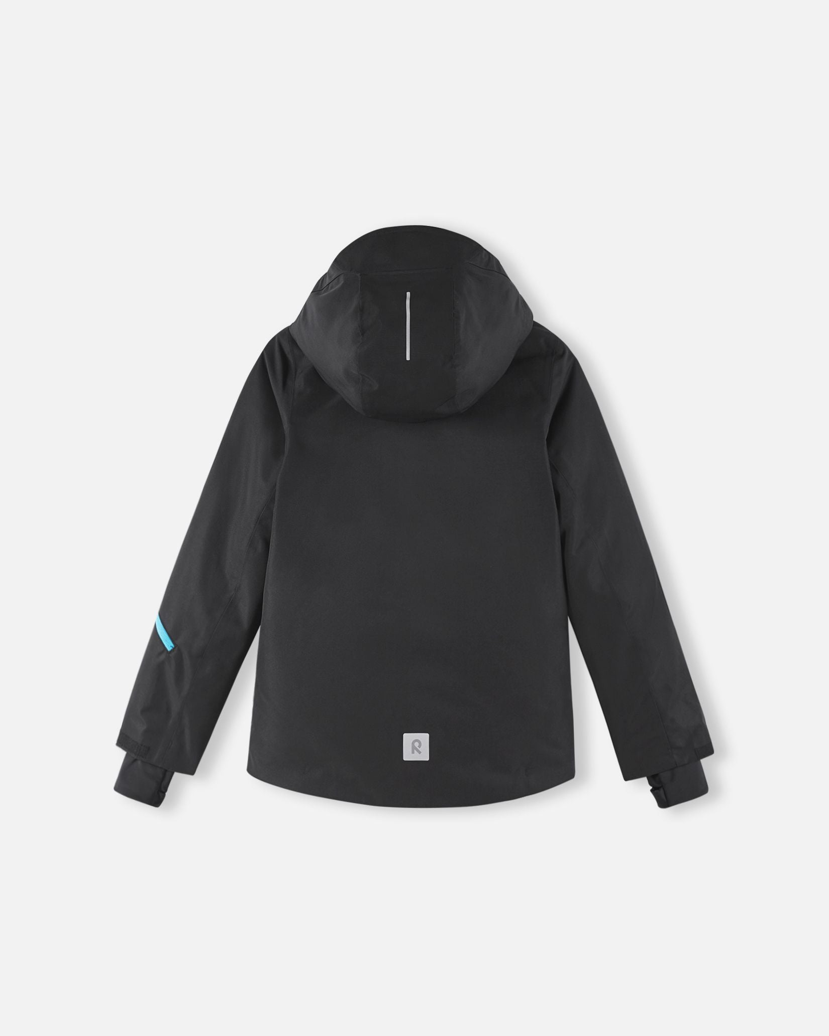A straight-on view from the back highlights the relaxed fit of this black children's snow jacket.