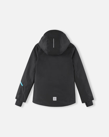 A straight-on view from the back highlights the relaxed fit of this black children's snow jacket.