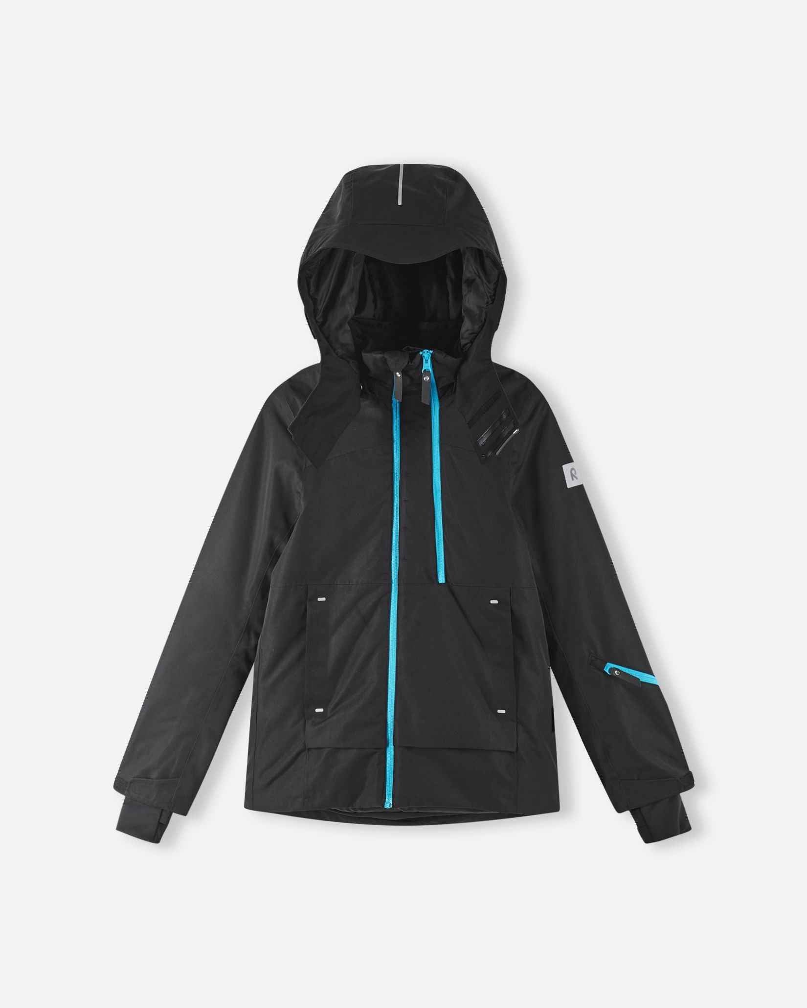 The back of the black Reima Tieten coat features a clean design with the hood resting flat against the shoulders.