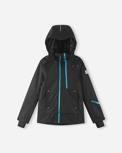 The back of the black Reima Tieten coat features a clean design with the hood resting flat against the shoulders.