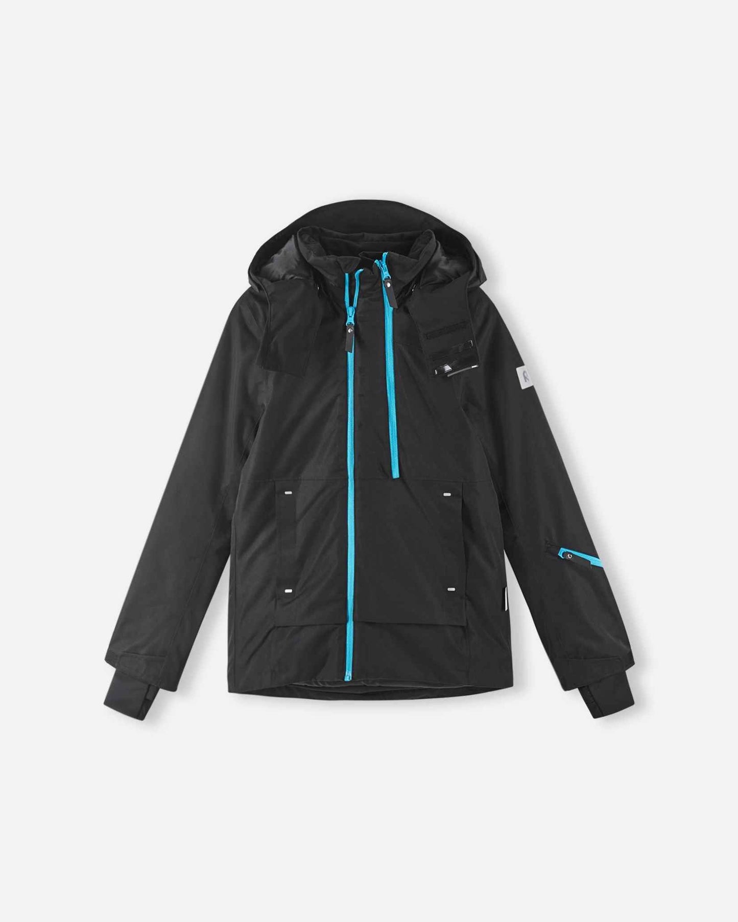 A black Reima Tieten kids ski jacket stands out with bright blue zippers on the chest and side pockets.