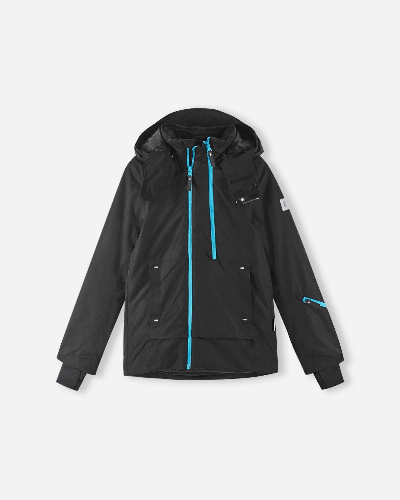 A black Reima Tieten kids ski jacket stands out with bright blue zippers on the chest and side pockets.