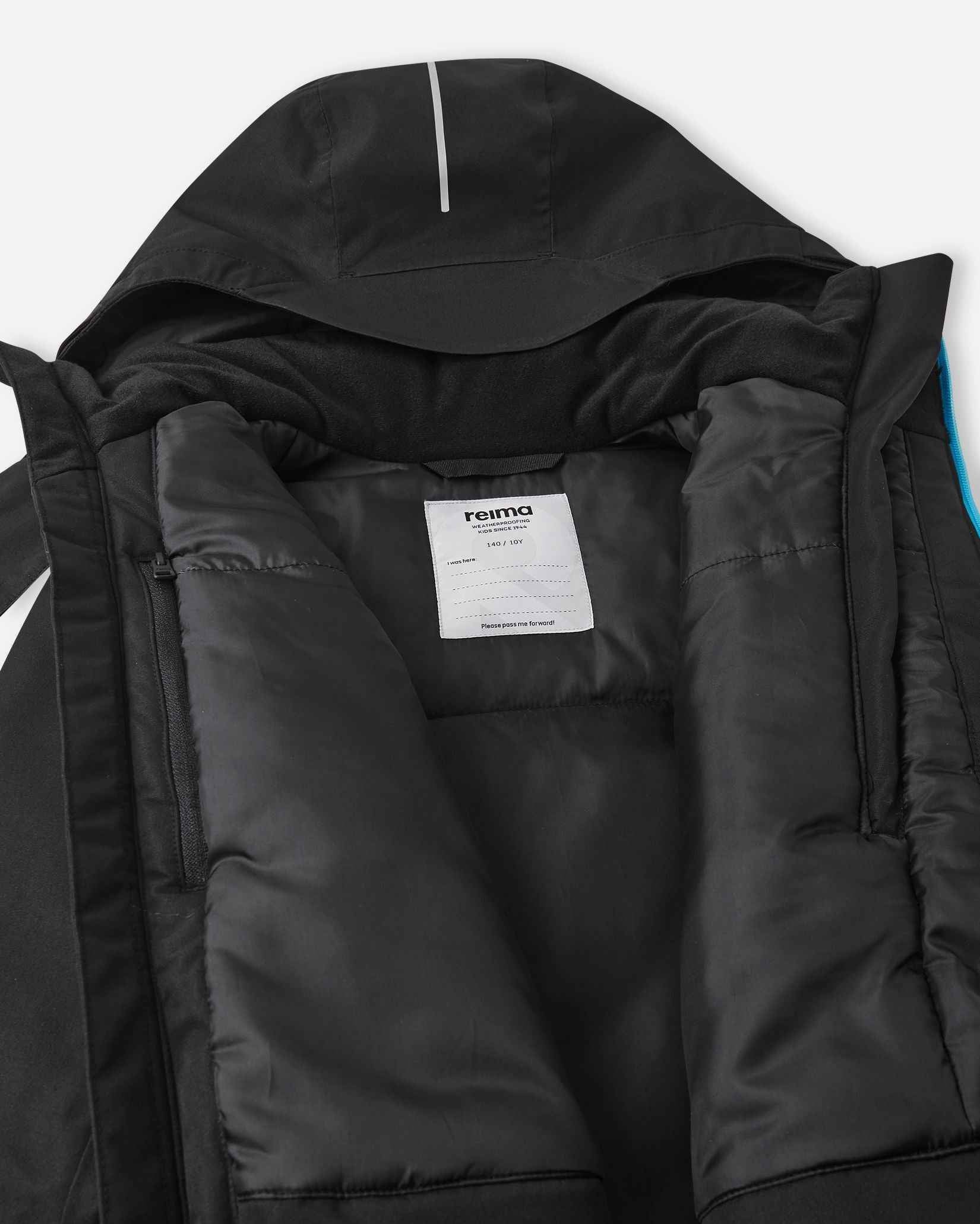 The black kids ski jacket is unzipped to show a smooth interior lining and internal tags.