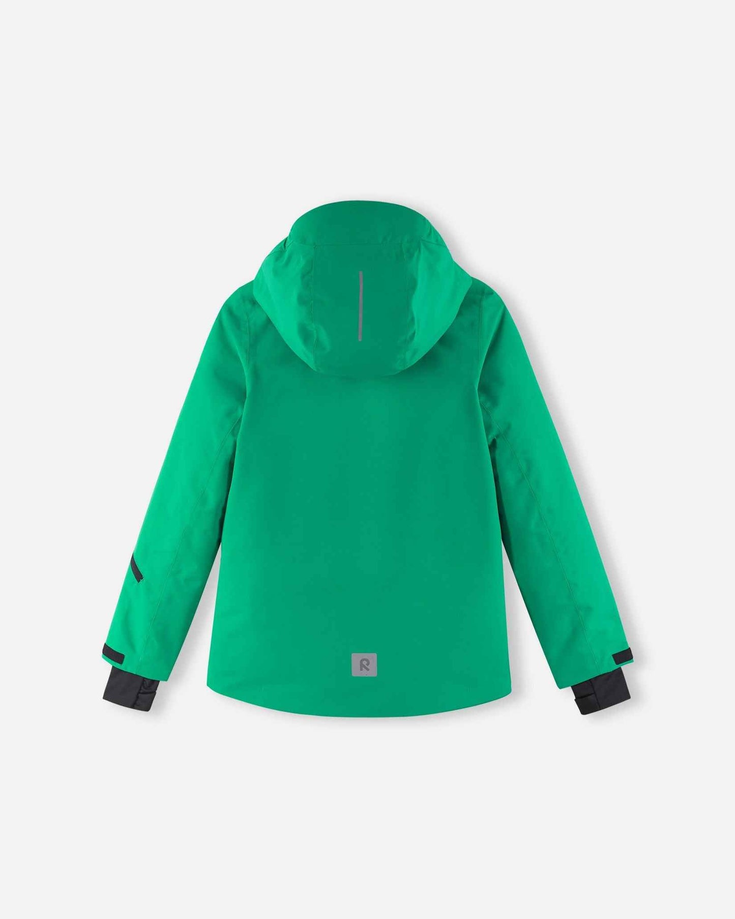 A slight side angle reveals the shape of the green kids snow jacket and its protective hood.