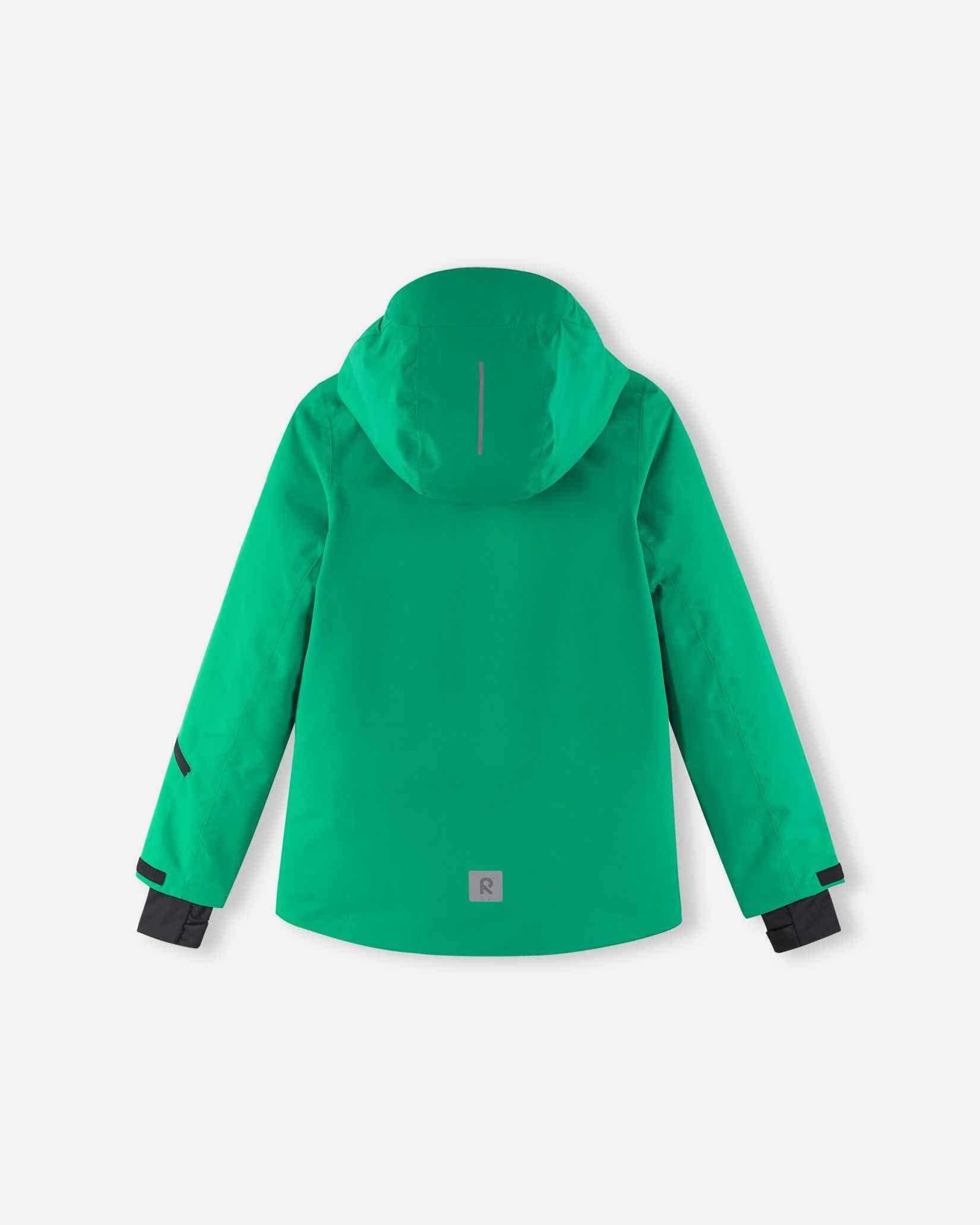 A slight side angle reveals the shape of the green kids snow jacket and its protective hood.