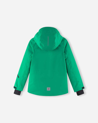 A slight side angle reveals the shape of the green kids snow jacket and its protective hood.