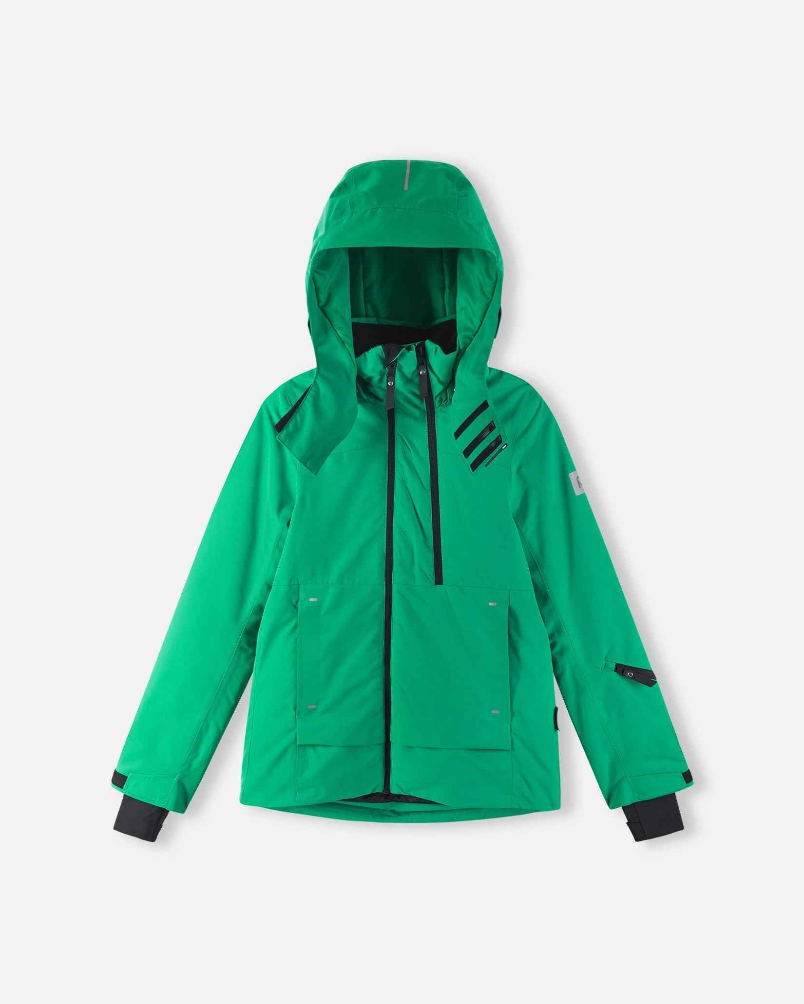 The back of the bright green Reima Tieten kids ski jacket shows a fitted hood and adjustable hem.
