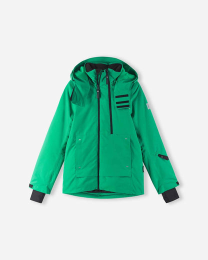 A straight front angle of the green winter coat highlights the black zippers and sleeve cuffs.