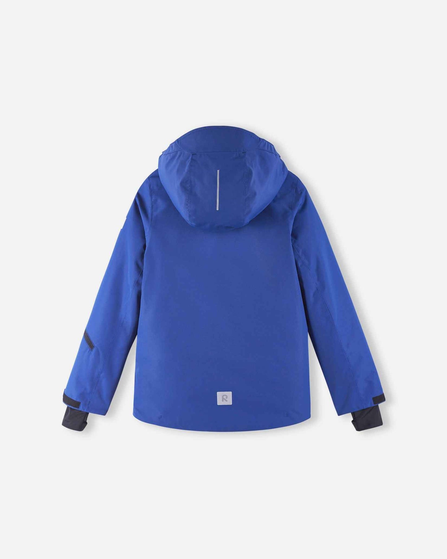 Looking at the blue ski coat from a back angle shows the sleeve construction and hood attachment.