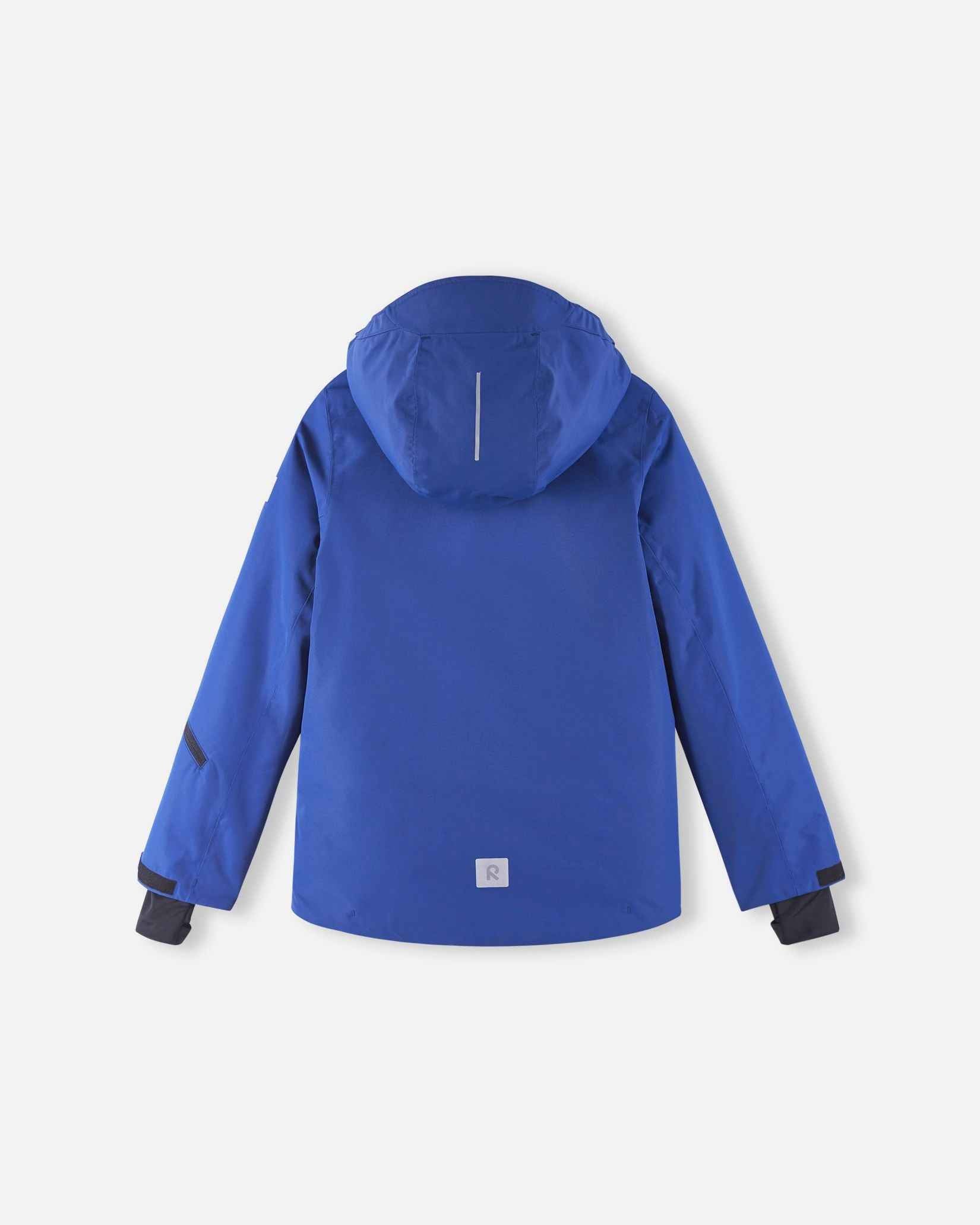 Looking at the blue ski coat from a back angle shows the sleeve construction and hood attachment.