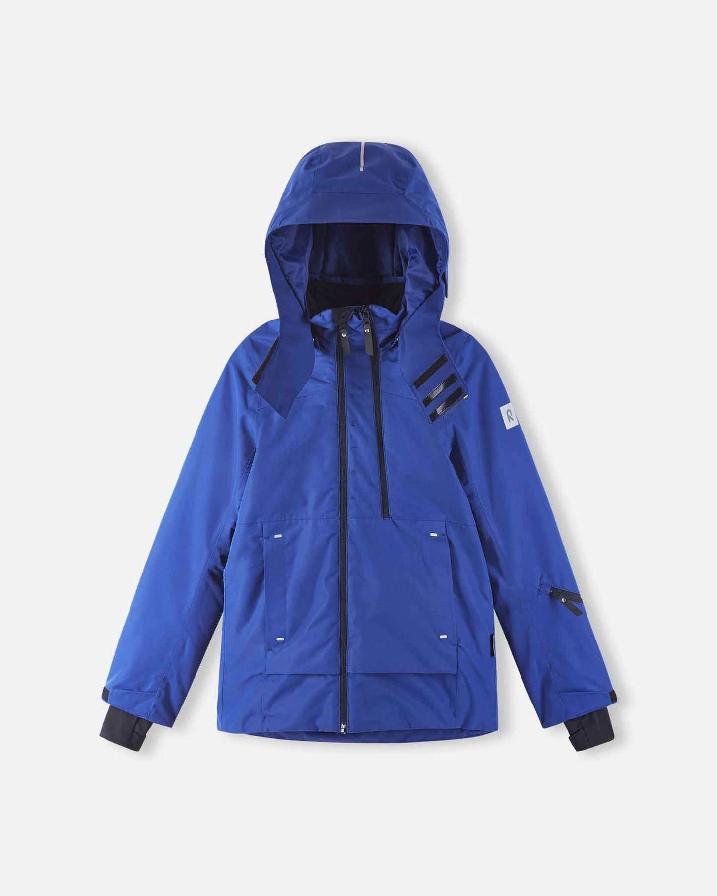 The dark blue ski jacket features a detachable hood viewed from the back.