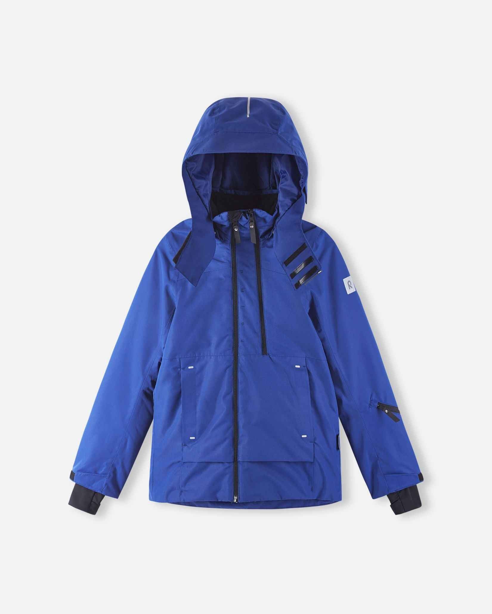 The dark blue ski jacket features a detachable hood viewed from the back.