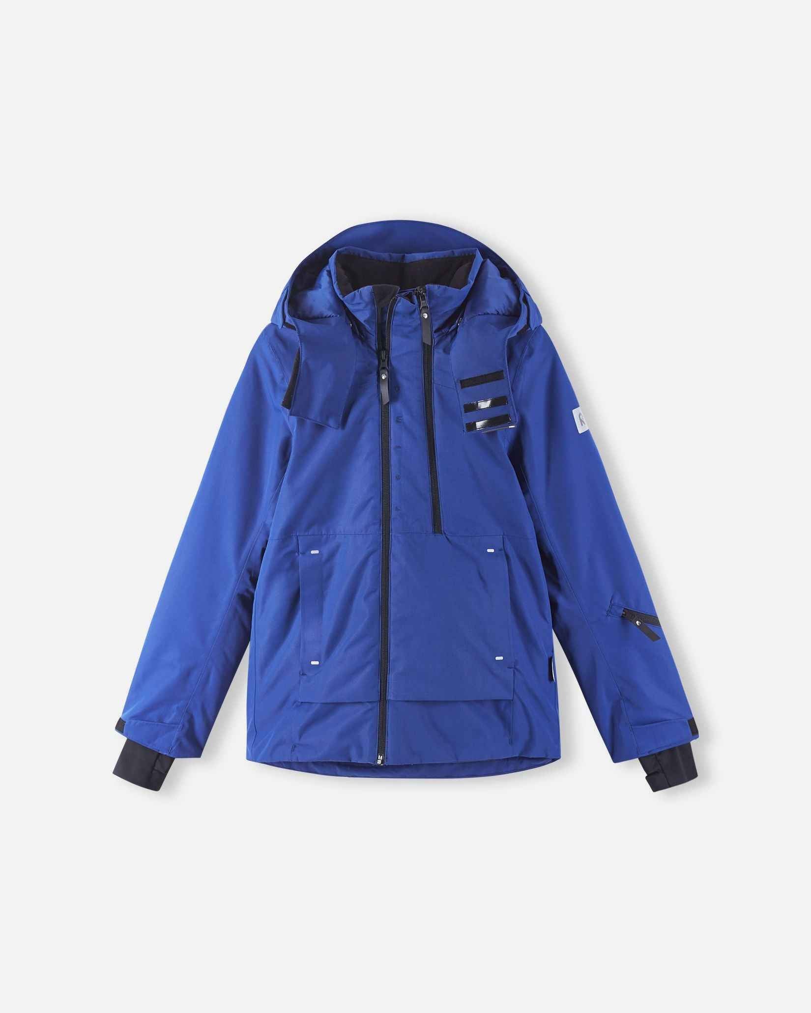 The front of the twilight blue winter jacket displays straight lines and dark pocket zippers.