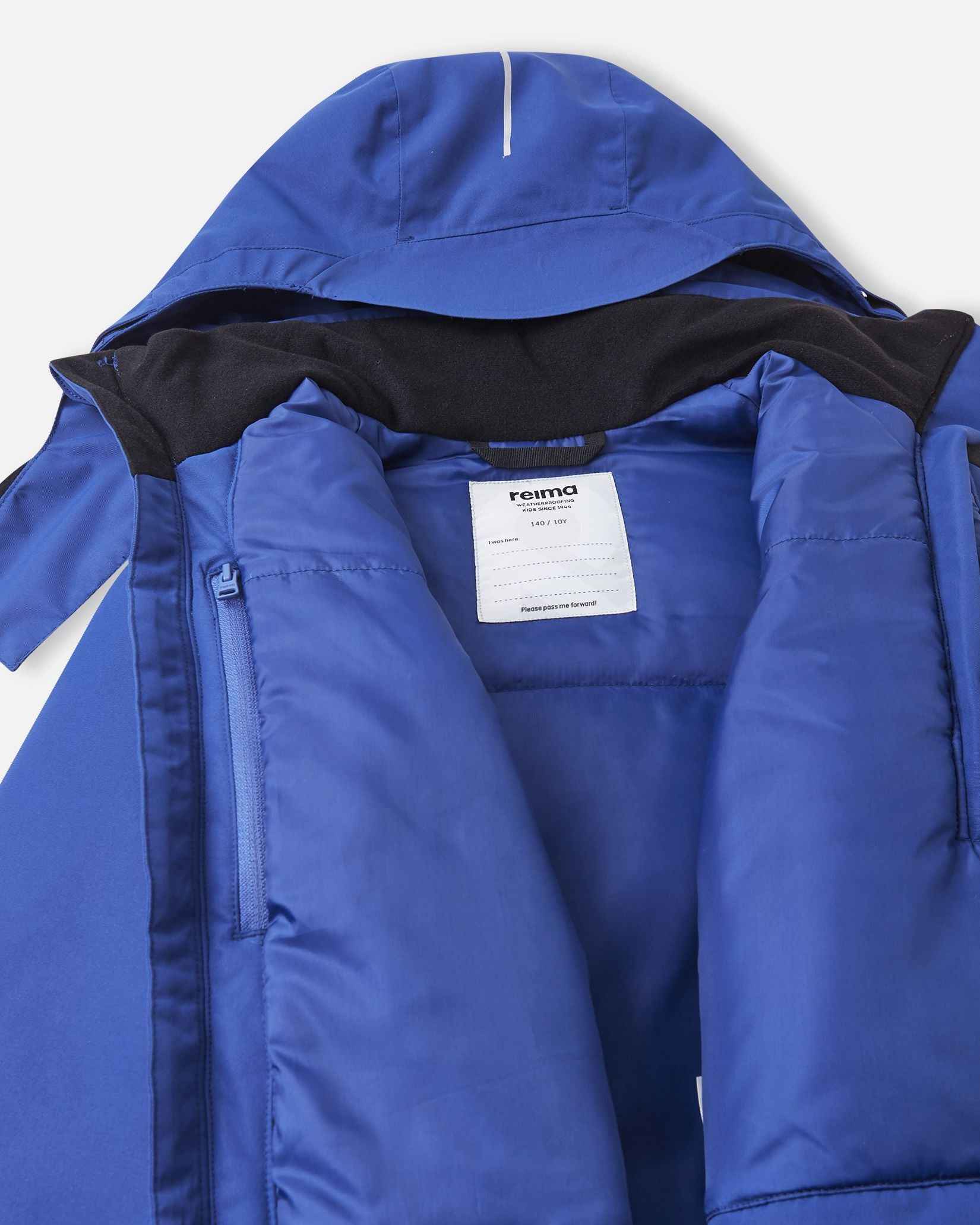 The blue hood rests against the upper back of the ski coat near the dark internal neck lining.