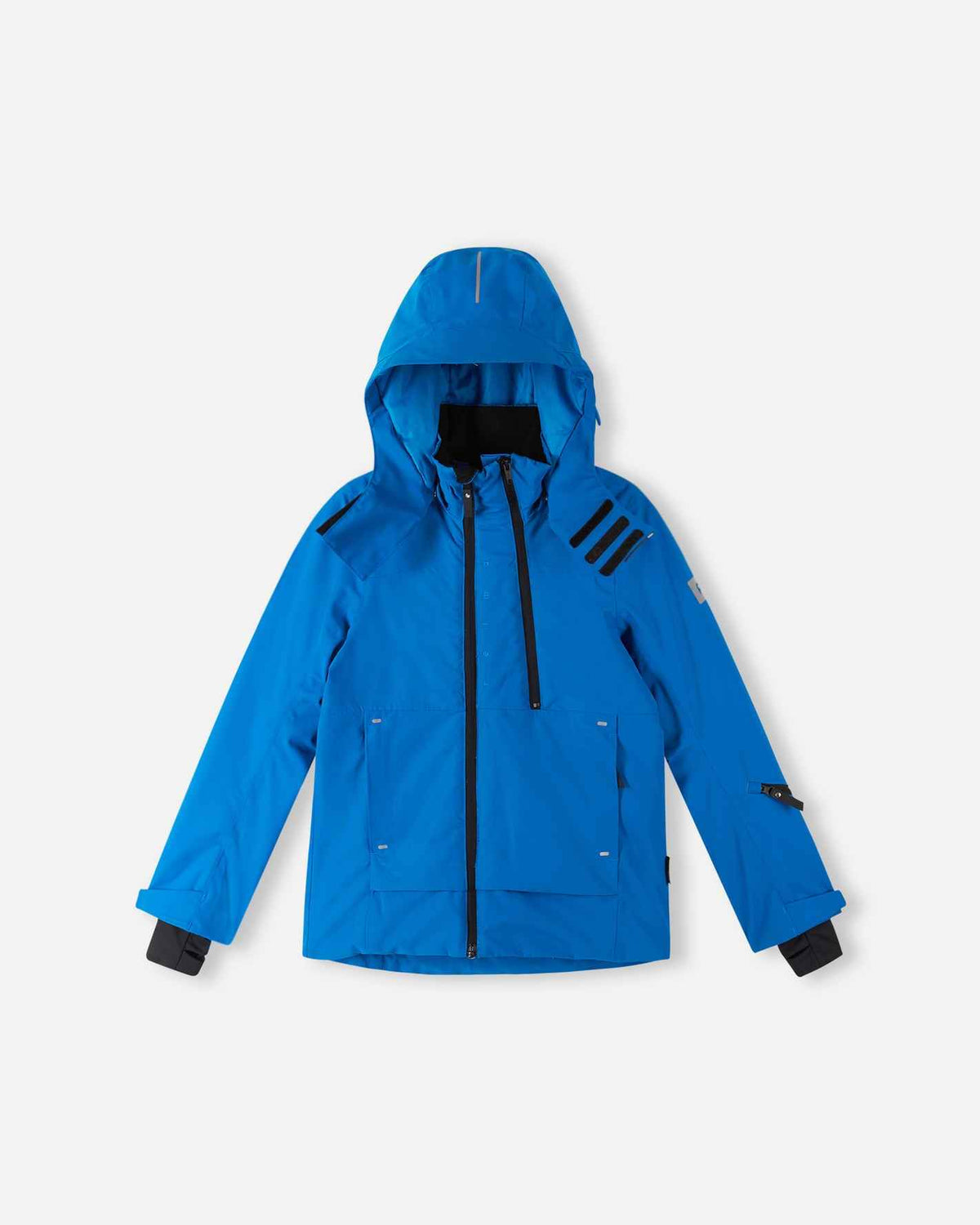 Front perspective of the bright blue Reima Tieten youth snowboard jacket with the insulated hood pulled over the collar, demonstrating maximum defense against freezing mountain weather.