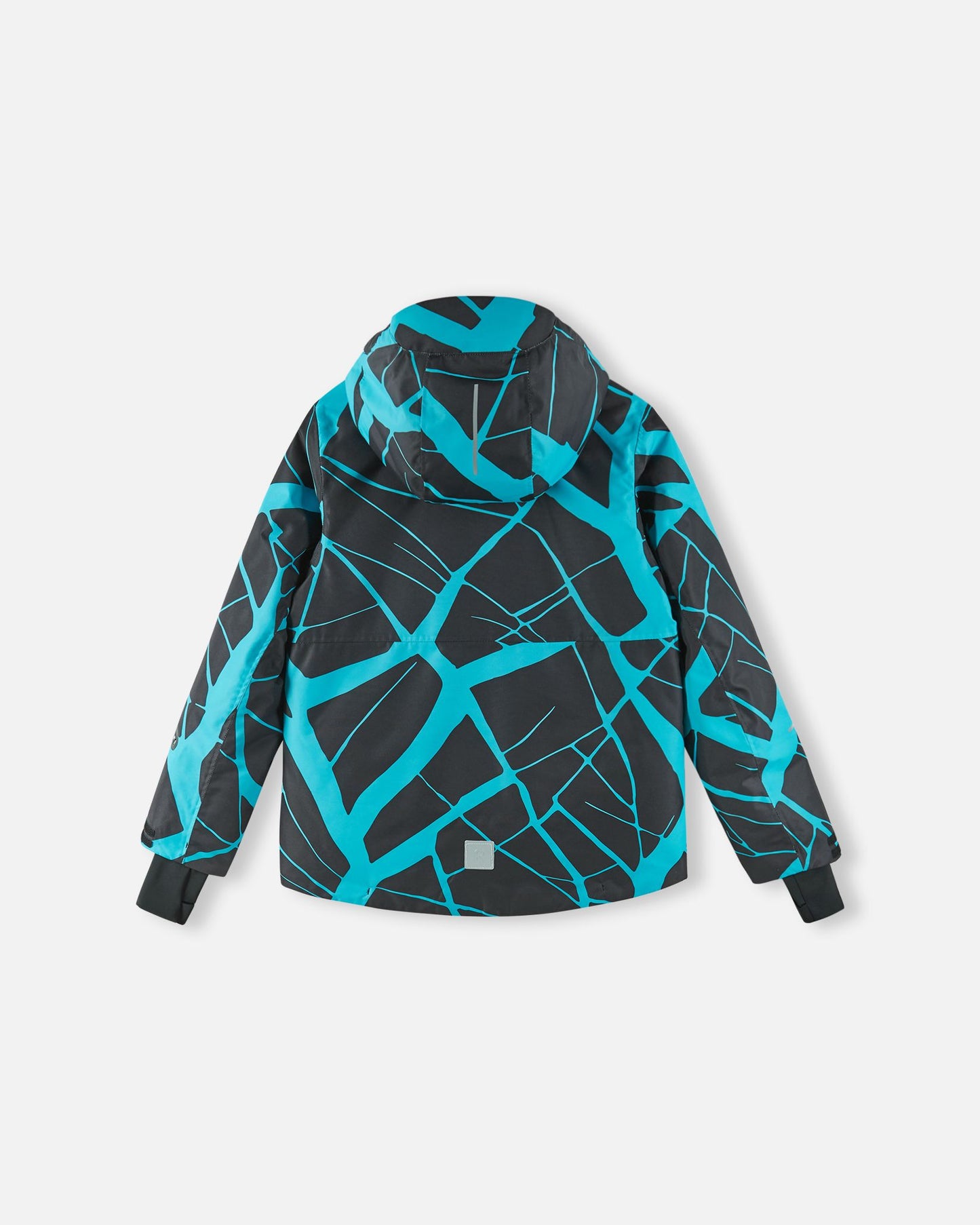 Back view of the black Reima Tirro kids' waterproof ski jacket, displaying the continuous blue geometric print, protective hood, and a reflective safety patch at the lower hem.