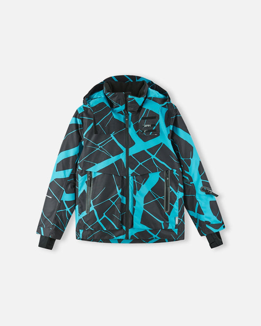 Front view of the black Reima Tirro kids' waterproof winter ski jacket, showcasing the striking blue web pattern, sealed front zipper, and adjustable cuffs.
