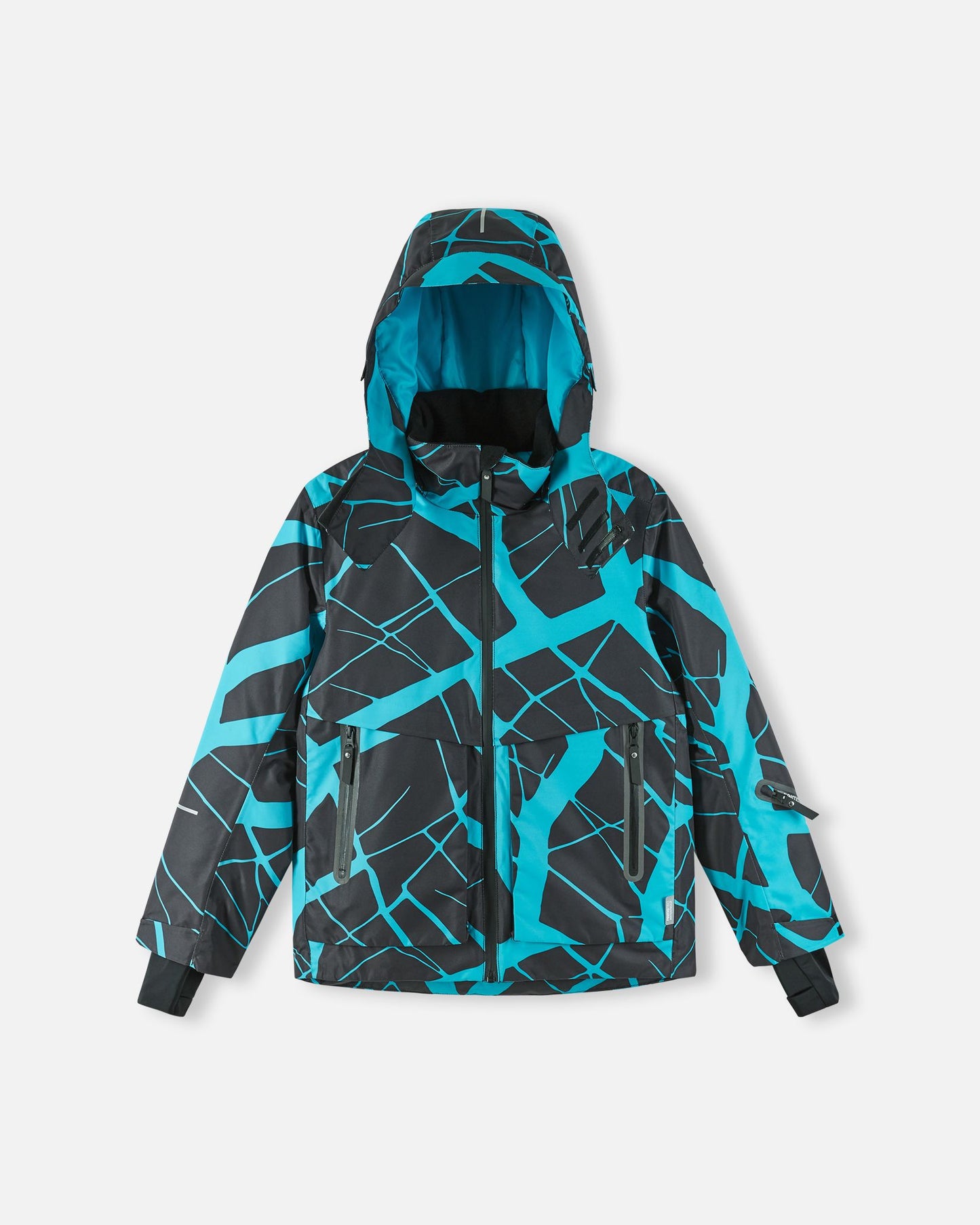Front flat lay view of the black Reima Tirro kids' waterproof ski jacket, featuring a vibrant blue geometric ice pattern, a helmet-compatible hood, and secure waterproof zippered pockets
